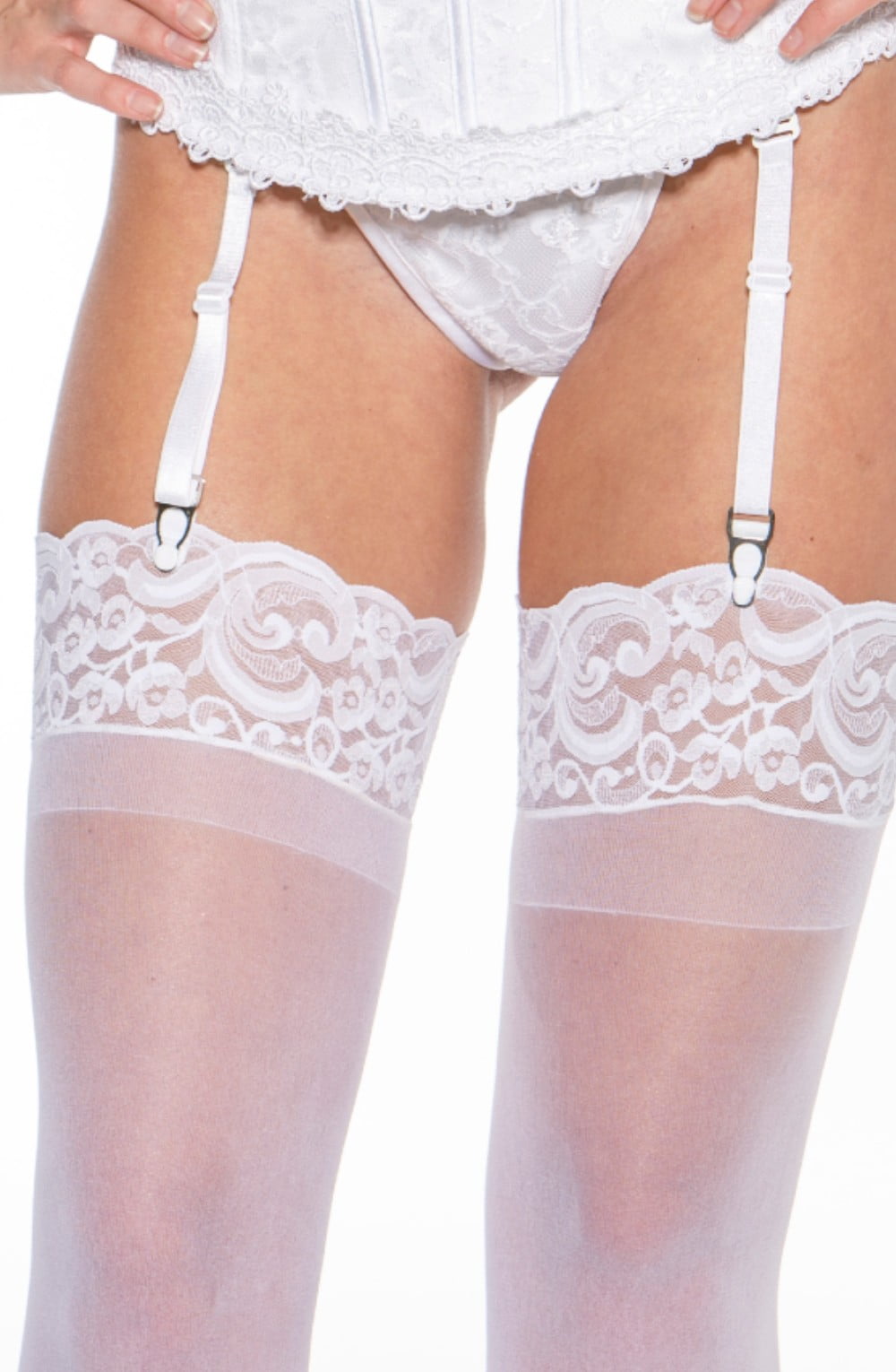 Shirley of Hollywood 90026 Lace Top Stockings White - Divine Silk